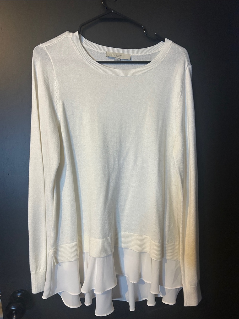 LOFT White Long-Sleeve Sweater Top with Layered Chiffon Hem